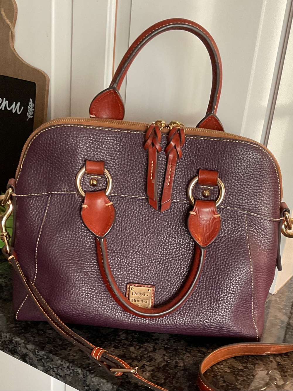 Dooney & Bourke Plum Leather Satchel with Brown Trim and Gold Hardware